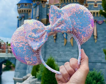 Cotton Candy Iridescent Sequin Ears, White, Pink, Blue Sparkle Minnie Ears