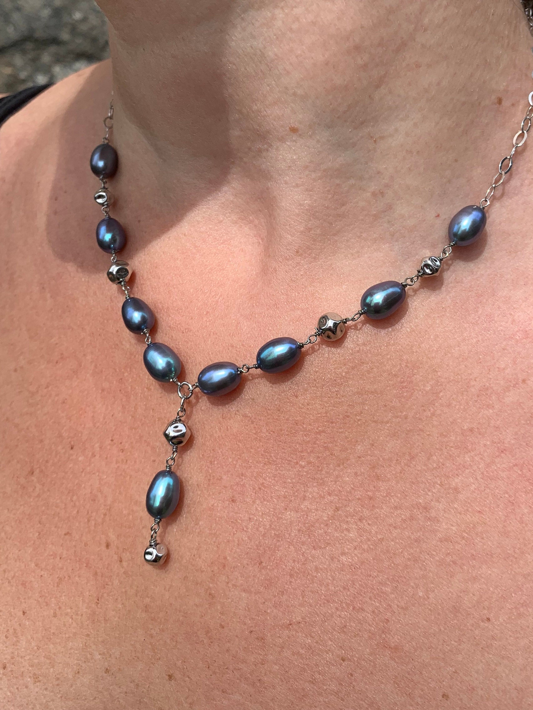 BLACK PEARL SILVER Drop Necklace/pearl Drop Necklace/pearl Etsy