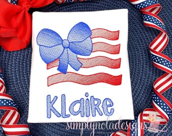 Girls 4th of July Embroidered American Flag Shirt with Bow