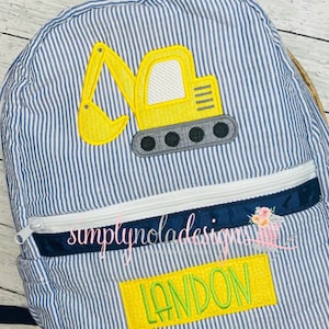 Sac à dos en seersucker Excavator avec appliqué de construction - Cartable pour enfants pour la rentrée