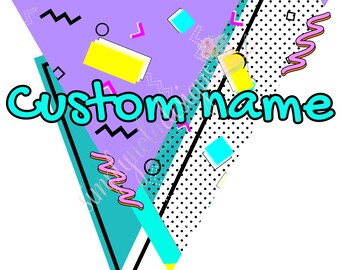 May include: A purple, teal, and yellow geometric design with the text "Custom name" in turquoise.