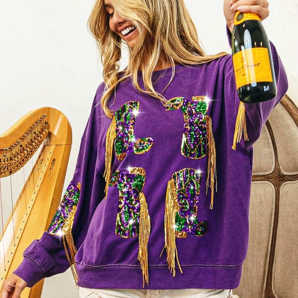 Sequin Mardi Gras Marching Boots Long Sleeve Tee