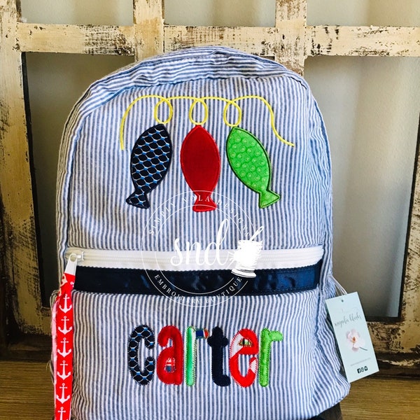 Embroidered Applique Seersucker Backpack, Applique backpack, Seersuck Backpack, Kids school bag, back to school, custom seersucker backpack