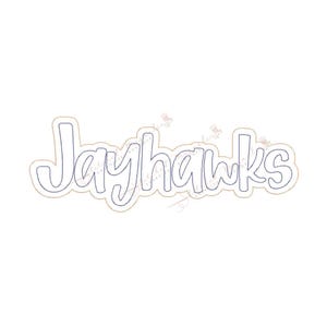 Könnte beinhalten: Eine blaue und weiße Umrandung des Wortes "Jayhawks" in einer handschriftlichen Schriftart.