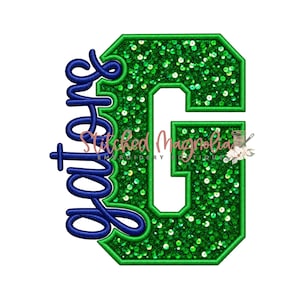 May include: A large block letter G featuring a green sequined texture with a dark green stitched border. The word Gators is written in a dark blue cursive script font overlapping the left side of the letter G. A watermark is visible in the center.
