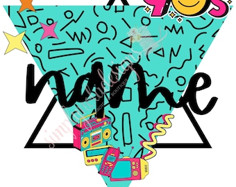 May include: A black triangle with a teal background and 90s-themed patterns. The word "name" is written in black cursive inside the triangle. The triangle is surrounded by a black outline. There are stars, a smiley face with the word "90s" around it, a boombox, a cell phone, and a television on the outside of the triangle.