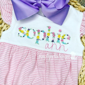 Girls Embroidered Floral Name Striped Ruffle Sun Bubble | Stripped Sun Bubble for Girls | Custom Stripped Baby Sun Bubble | Summer Outfit