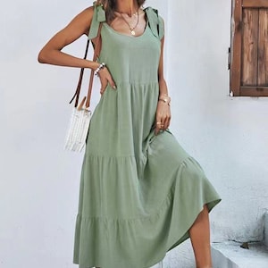 Womens Linen Tie Shoulder Maxi Dress - Summer Ready  Comfortable