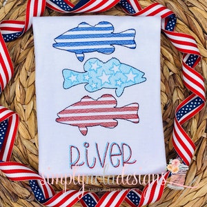 4th of July Fish Trio Shirt | Patriotic Bass Fish Shirt | Embroidered 4th of July Shirt for Boys | Patriotic Fishing Shirt | Boys Fish Shirt