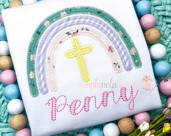 Girls Easter Shirt: Rainbow Cross Applique, Christian Easter