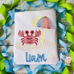 Embroidered Kids Beach Shirt with Crab Scene - Perfect for Beach Trips and Vacations Toddler Baby Boy or Girl Size Available