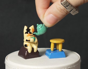 Handmade cats artisan keycaps | Tea time |Cute Keycaps | Resin Keycaps | Mechanical keyboard customization | Gift