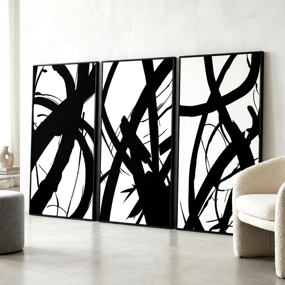 Set of 3 Abstract Black White Prints, Modern Minimalist Wall Art ...