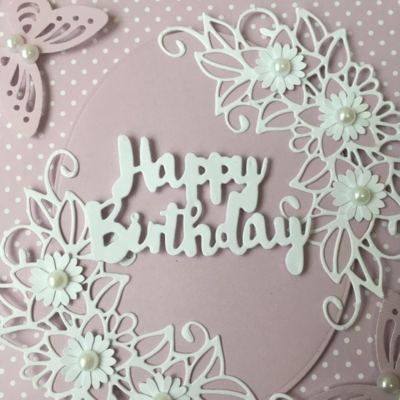 Handmade Happy Birthday card lilac & white flowers & butterflies with pearls Handmade Happy Birthday card lilac & white flowers & butterflies with pearls