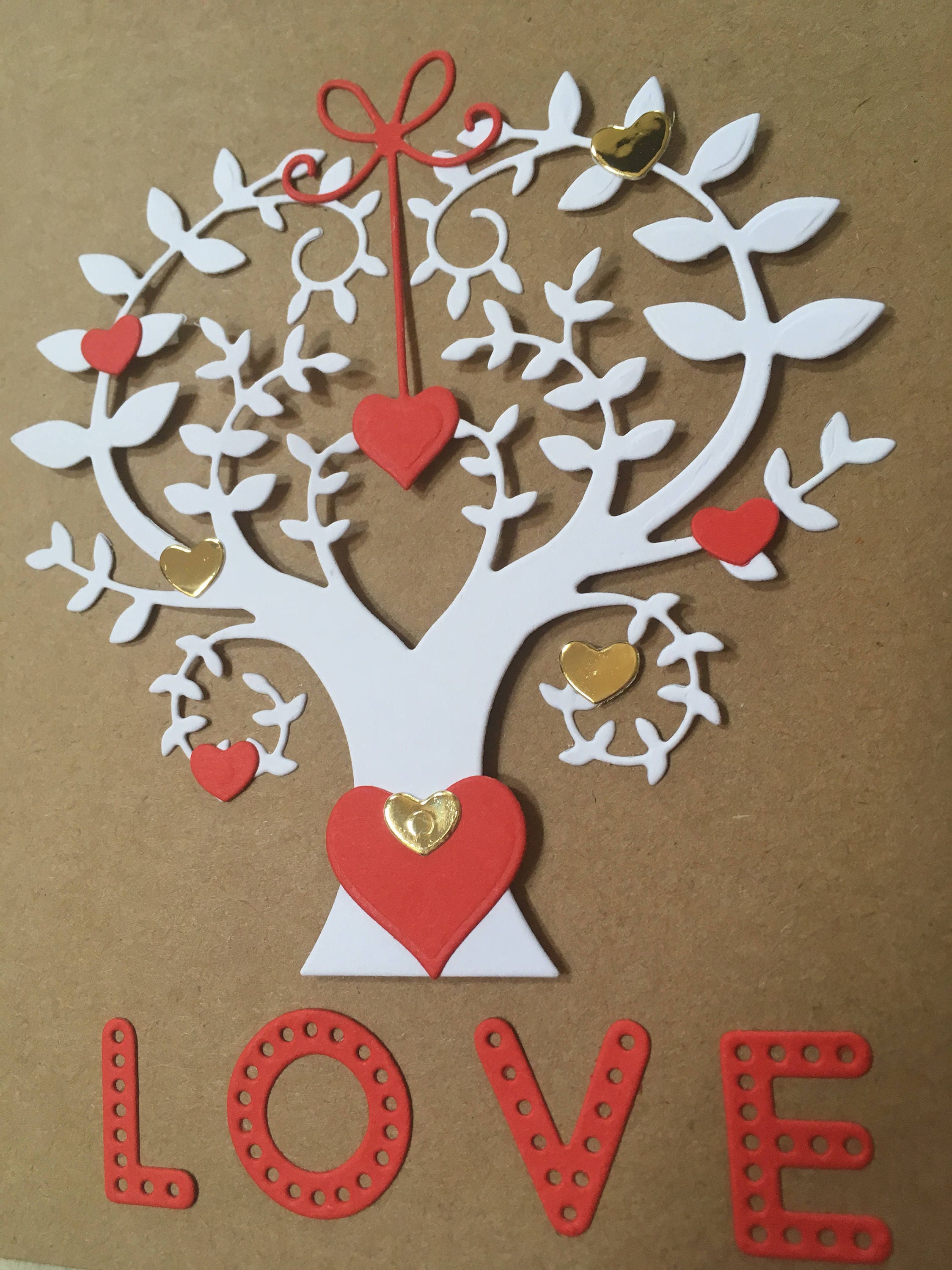 Handmade Happy Anniversary Card Red Gold Love Heart Tree