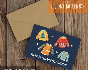 You're My Favorite Ugly Sweater Notecards | Christmas Sweater Cards | Holiday Notecards with Kraft Envelopes | Folded Cards | Stationary