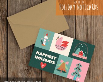 Happiest Holidays Notecards | Scandinavian Retro Cards | Holiday Notecards with Envelopes | Folded Cards | Stationary | Printed Notecards