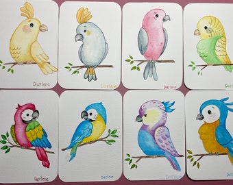 Hand painted watercolor bird postcards with envelopes. 16 piece set.  5.75 x 4". Mail to a friend or family member.  Suitable for framing.