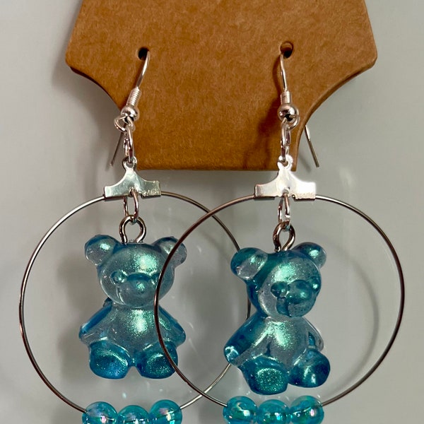 Teddy Bear hoop earrings so precious. Resin bear with mica or Chameleon powder shine! Silver or gold hoops with glass beads. Hypo allergenic