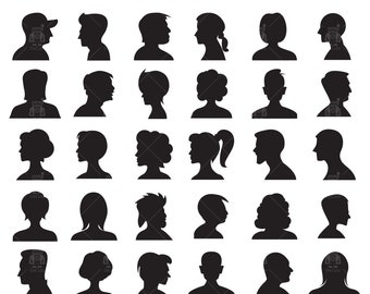 Male, female face avatar profile, people portrait side view silhouette, man, woman head avatar clip arts set Vector svg, eps, ai, pdf, png