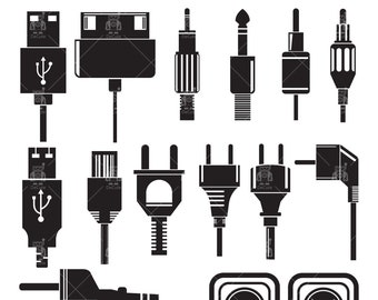 Electric plug, audio plug, jack plug usb and outlet clip arts set Vector Digital File svg, eps, dxf, ai, png, jpg