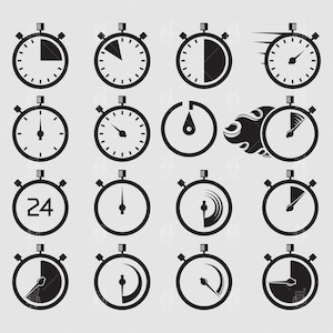 Iconos del reloj del cronómetro y velocímetro temporizador svg, cuenta atrás círculo reloj contador temporizador clip arts set Archivo vectorial svg, eps, ai, pdf, png