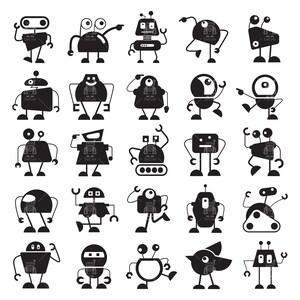 Funny robot svg, robot cartoon character, doodle robot clip arts set Vector Digital File svg, eps, dxf, ai, png, jpg