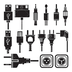 Puede incluir: Un conjunto de 12 ilustraciones en blanco y negro de diferentes tipos de enchufes y conectores eléctricos. Las ilustraciones incluyen enchufes USB, RCA, de audio y de alimentación.