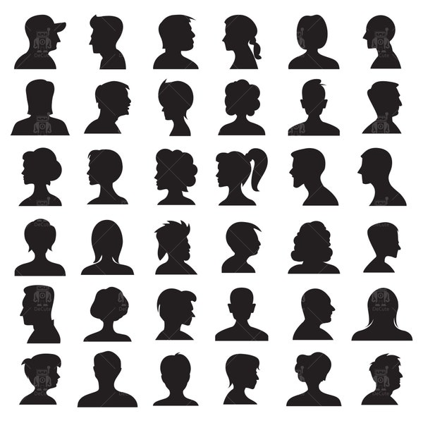Male, female face avatar profile, people portrait side view silhouette, man, woman head avatar clip arts set Vector svg, eps, ai, pdf, png