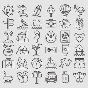 海とビーチのアイコン、夏、ビーチ svg、熱帯、休暇、観光、休日と旅行のライン クリップ アート アイコン svg、eps、ai、pdf、png