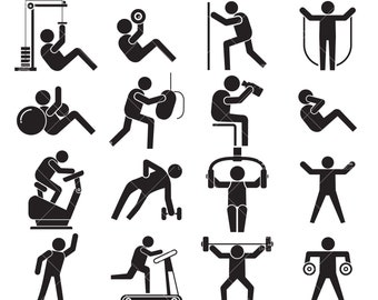 May include: Black and white illustrations of various fitness exercises, including weightlifting, cardio, and stretching. The illustrations are simple stick figures with minimal detail.