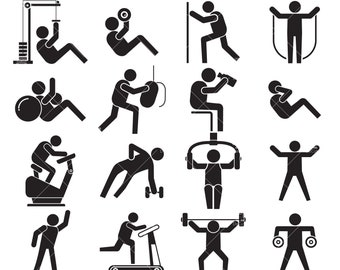 Fitness exercise, workouts posture in gym clip arts set Vector Digital File svg, eps, dxf, ai, png, jpg