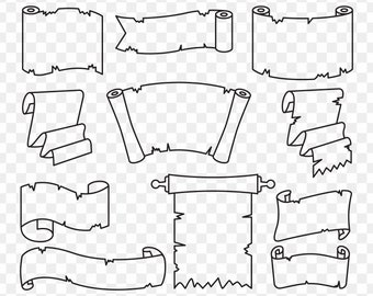 Paper Scroll Svg, Blank Paper Scroll Line Svg, Paper Banner Parchment,  Vintage Scroll Paper Line Clip Arts Set Vector Svg, Eps, Ai, Pdf, Png 
