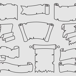 Rotolo di carta svg, rotolo di carta bianca linea svg, striscione di carta pergamena, set di clip art di rotolo di carta vintage linea Vector svg, eps, ai, pdf, png