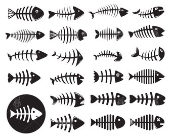 Fish bone svg, fish bone icons,  salmon tuna bone, fish skeleton svg clip arts set Vector Digital File svg, eps, ai, pdf, png