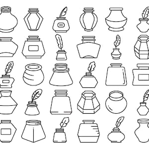 May include: A collection of black and white line art illustrations of inkwells and ink pots. The inkwells vary in shape, including round, hexagonal, and rectangular designs. Some inkwells feature a quill pen.