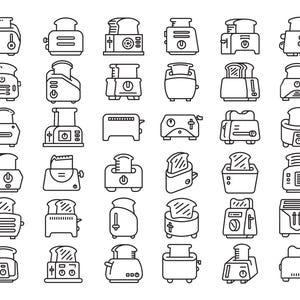 Puede incluir: Colección de ilustraciones en blanco y negro de varios diseños de tostadoras. Cada tostadora se representa en un estilo simple, delineado, mostrando diferentes formas, características y ranuras para el pan. Las tostadoras están dispuestas en una cuadrícula.