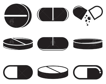 Capsule svg, pill, tablet, pharmacy, vitamin, medicine and antibiotic icons, clip arts set Vector Digital File svg, eps, ai, pdf, png