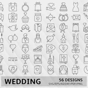 Ícones de casamento svg, clipart de festa de casamento, ícones de linha de aniversário, convite de casamento, celebração, arquivos vetoriais svg, eps, ai, dxf, pdf, png