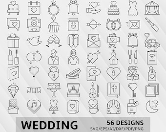 Wedding icons svg, wedding party clipart, anniversary line icons, wedding invitation, celebration, Vector files svg, eps, ai, dxf, pdf, png