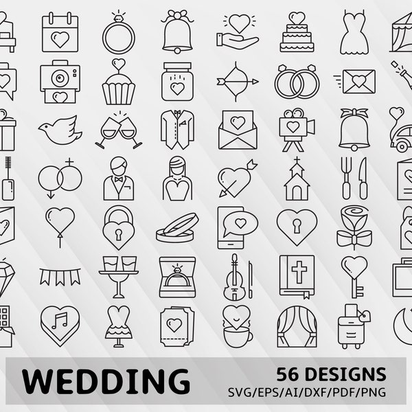 Wedding icons svg, wedding party clipart, anniversary line icons, wedding invitation, celebration, Vector files svg, eps, ai, dxf, pdf, png