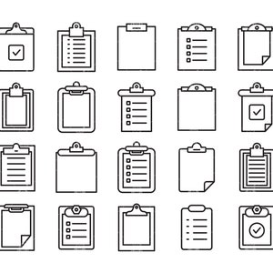 May include: A set of 20 black and white line art icons depicting clipboards with various checkmarks, lists, and blank spaces. The icons are arranged in a grid pattern.