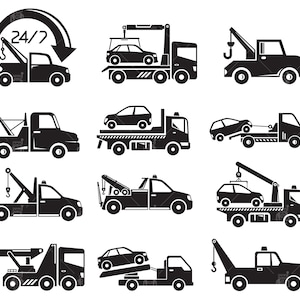 Bärgningsbil svg, bärgningsbilsserviceikoner, kranbil, lyftanordning, bilbogsering, clip art-set för akut bogsering. Vektorfil svg, eps, ai, pdf, png
