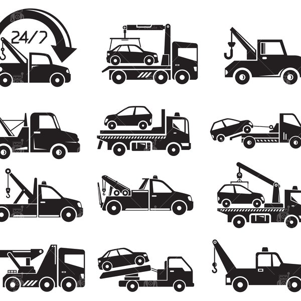 Tow truck svg, tow truck service icons, crane truck, hoist, car tow, emergency towing clip arts set Vector File svg, eps, ai, pdf, png