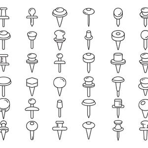 May include: A collection of black and white push pin icons in various shapes and designs. The pins have different head styles, including round, flat, and conical, with a sharp point at the bottom. The image is a line drawing style.