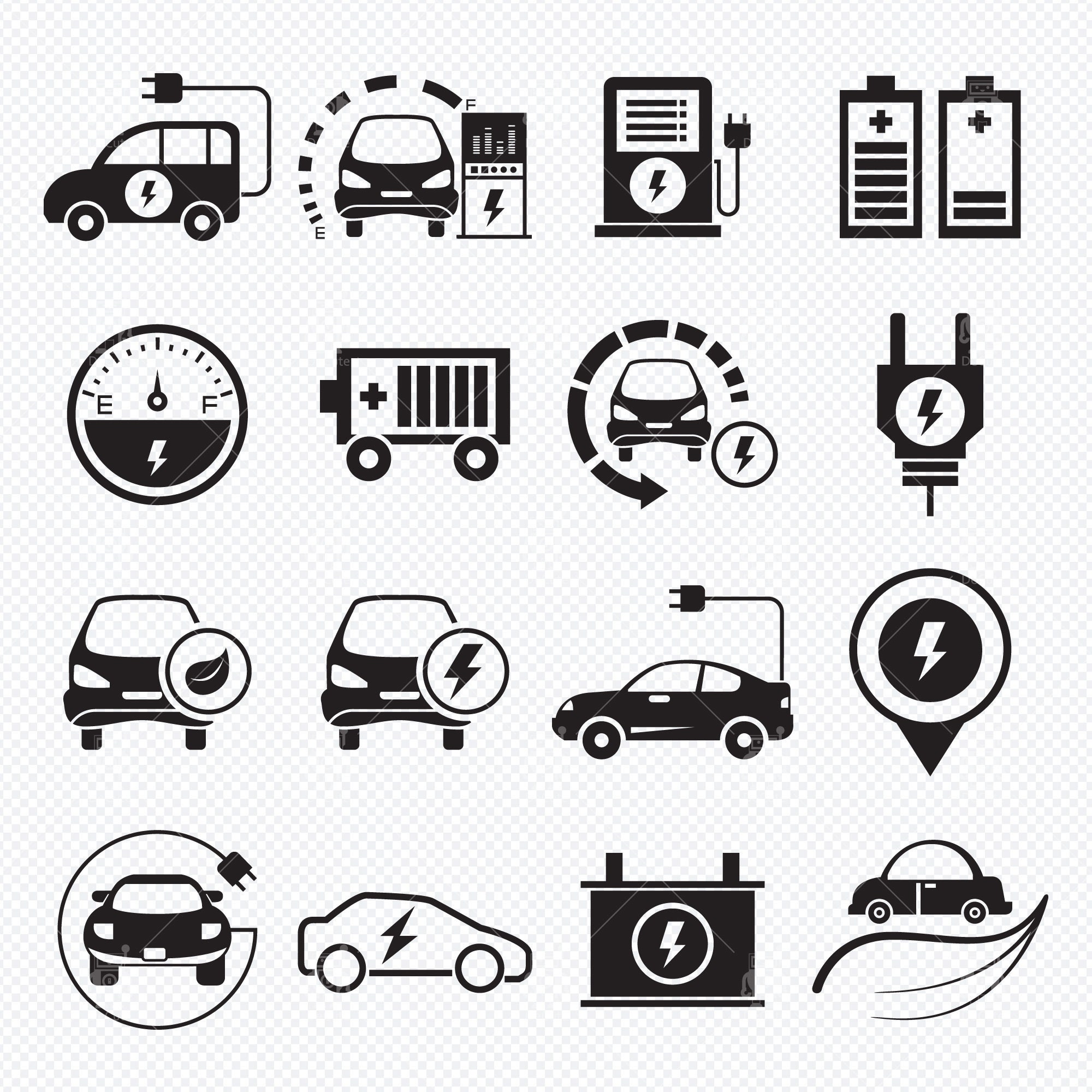 Electric Vehicle Icons, Electric Car With Plug, Battery, Eco Car