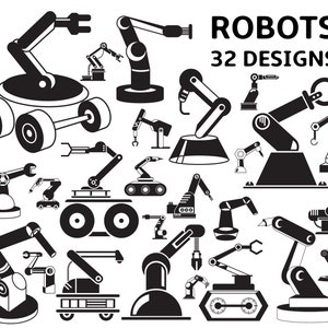 以下が含まれることがあります： 白黒のロボットのイラスト32点セット。ロボットは様々なポーズと構成で描かれており、中には腕、脚、車輪が付いているものも含まれています。画像の上部には「ROBOTS 32 DESIGNS」というテキストがあります。