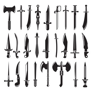 May include: A set of 24 black and white illustrations of various knives and swords. The illustrations are in a simple, flat style.