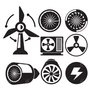 Könnte beinhalten: Schwarz-weiße Illustrationen verschiedener Arten von Ventilatoren, darunter ein Windrad, ein Deckenventilator, ein Düsentriebwerk, eine Klimaanlage und ein Blitz.