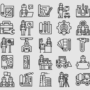 Puede incluir: Un conjunto de 25 iconos de línea en blanco y negro que representan varios aspectos del trabajo industrial, incluyendo la construcción, la ingeniería, la fabricación y el trabajo en fábrica. Los iconos incluyen herramientas, planos, engranajes, trabajadores y maquinaria.